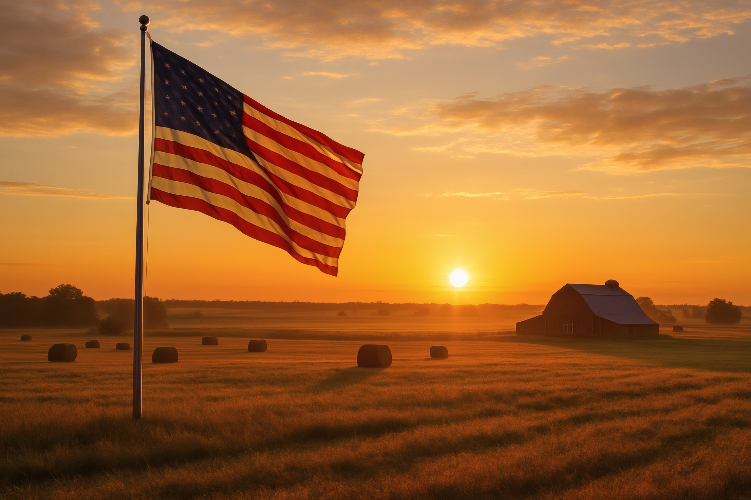 American Flag at Sunrise Over Rural Farm Landscape with Barn and Hay Bales - Patriotic Countryside Morning Scene