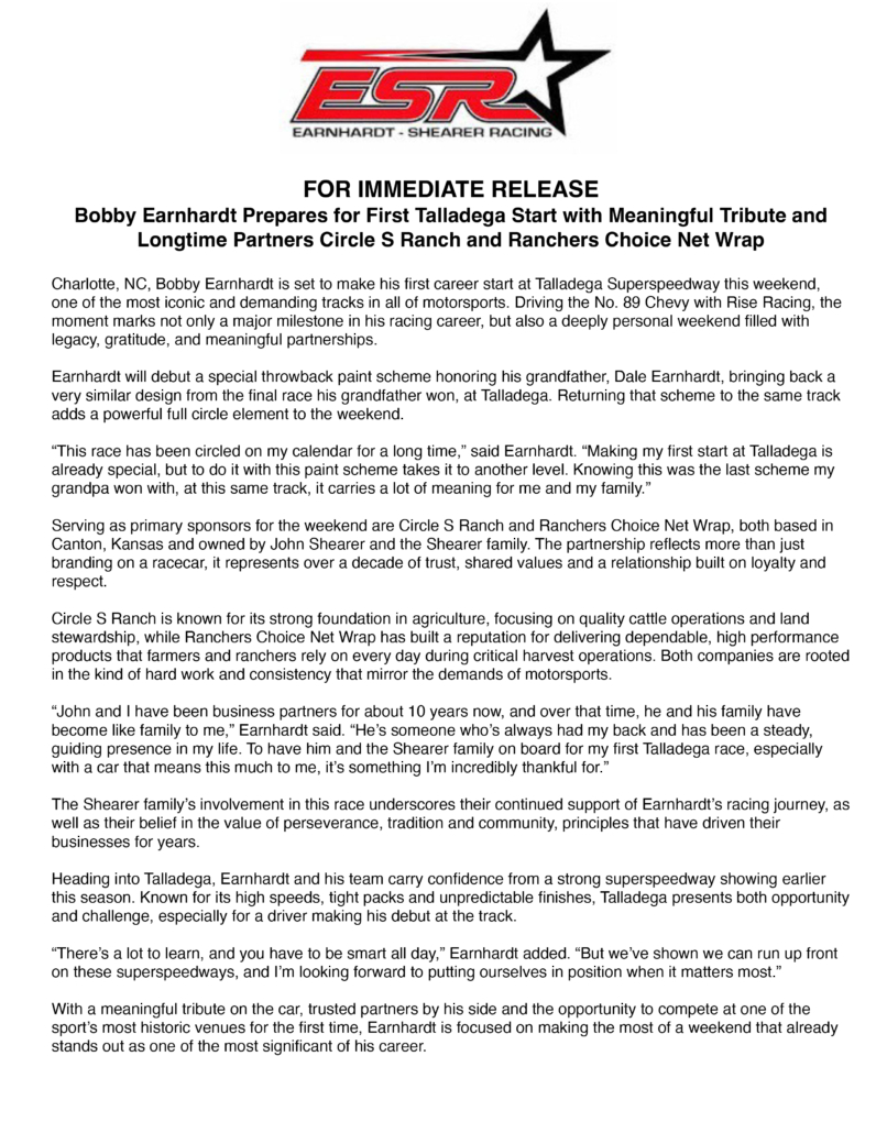 Bobby Earnhardt Talladega Press Release